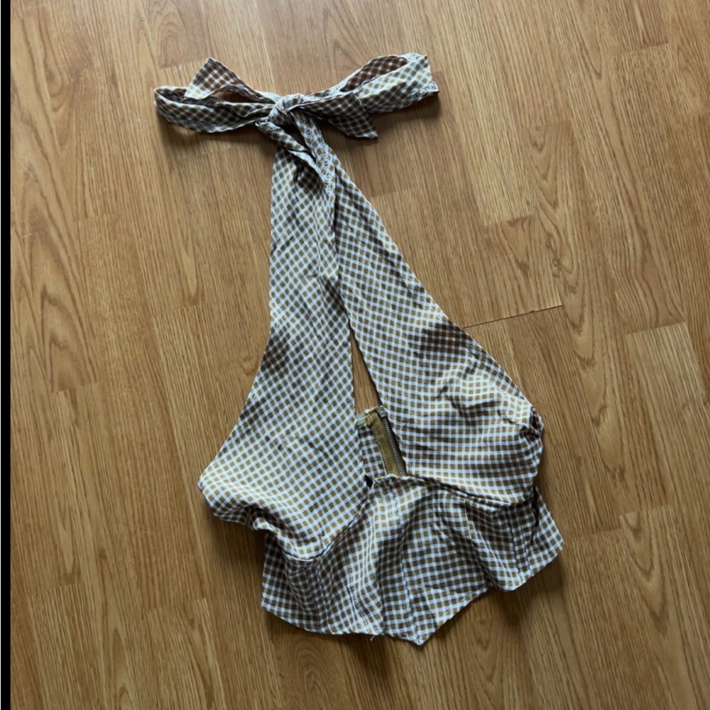 missguided picnic pattern brown/yellow & white halter corset top
